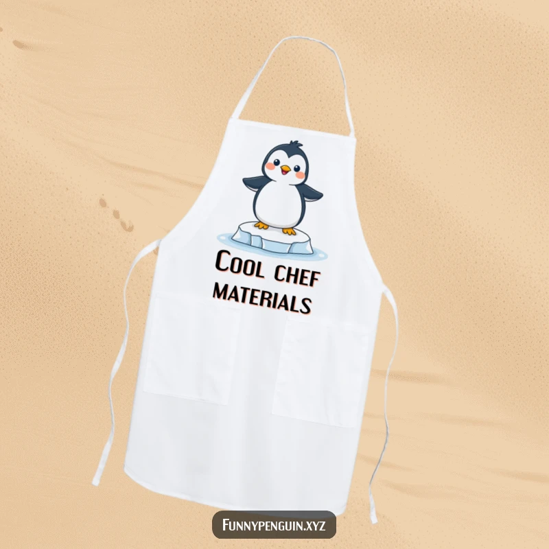 Funny apron featuring a joyful penguin balancing expertly on a small ice floe, ready to add culinary cheer.