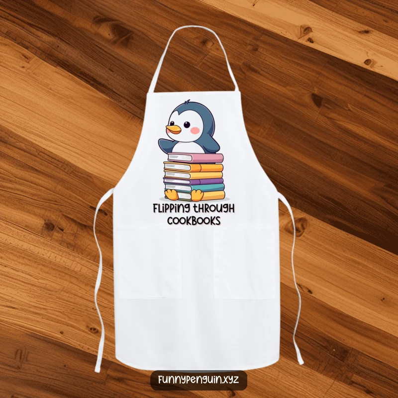 Funny apron featuring a kawaii penguin attempting to balance a stack of slippery books, scholarly theme.