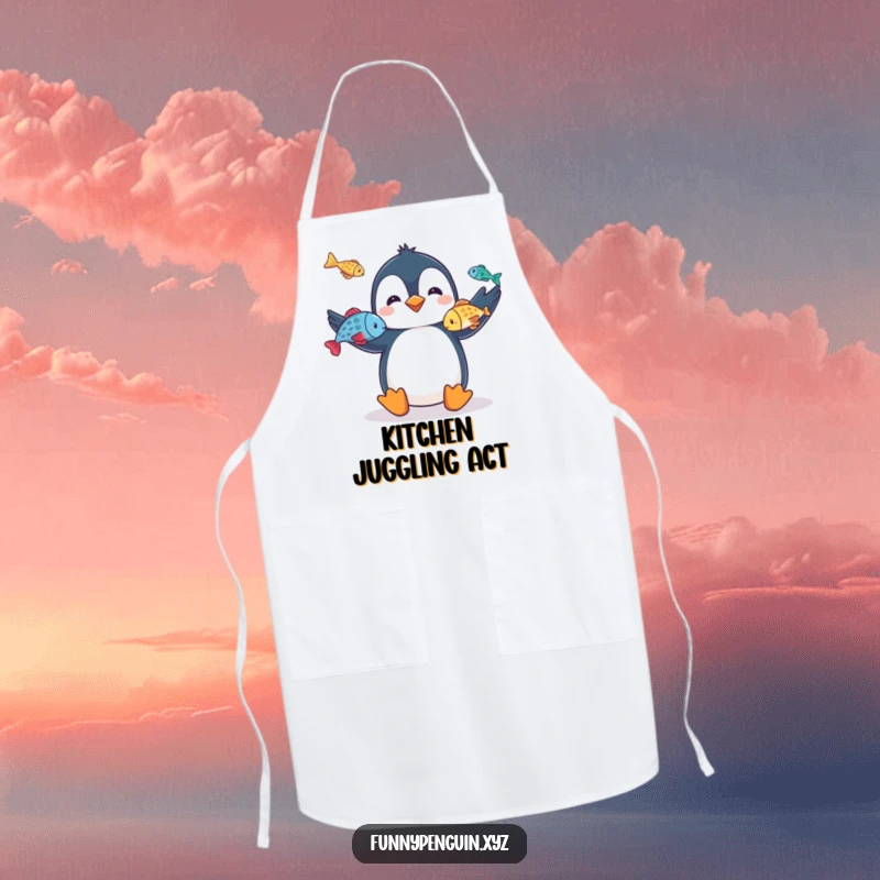 Funny apron with a penguin juggling fish, adding a playful and talented element to kitchen tasks, a great funny gift.