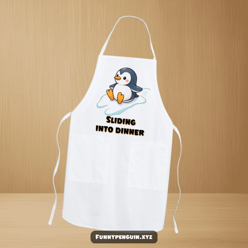 Funny apron with a penguin sliding down a hill, adding a playful and cheerful element to kitchen tasks, a great funny gift.