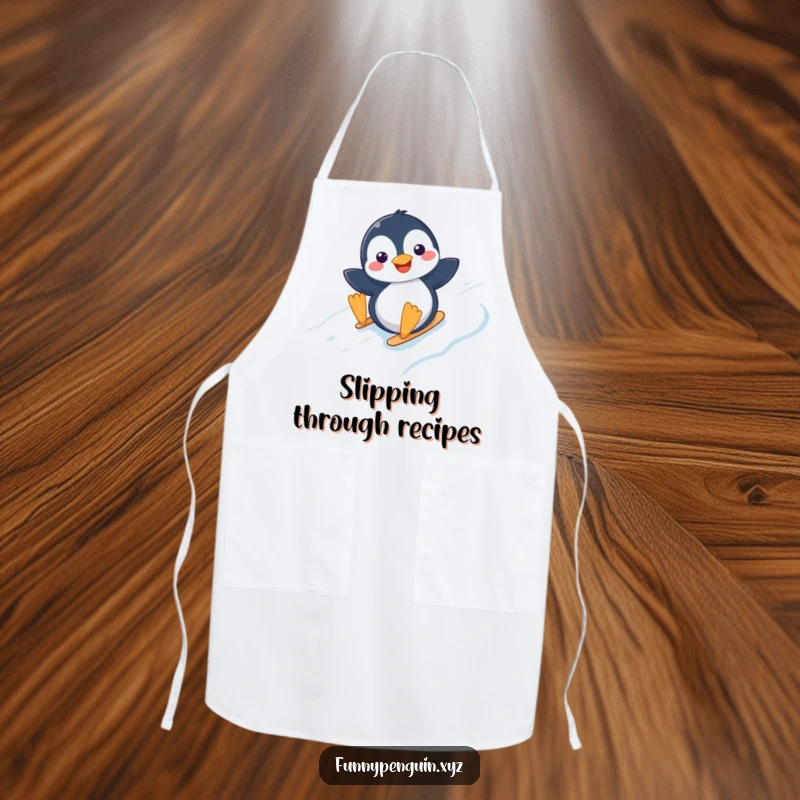 Funny apron featuring a kawaii penguin joyfully sliding down an icy slope, perfect for winter kitchen activities.