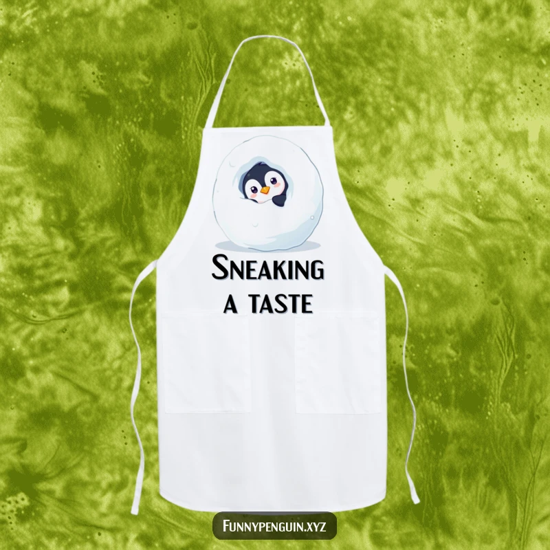 Funny apron with a curious penguin peeking from behind a snowball, adding a playful and fun element to kitchen tasks, a great funny gift.