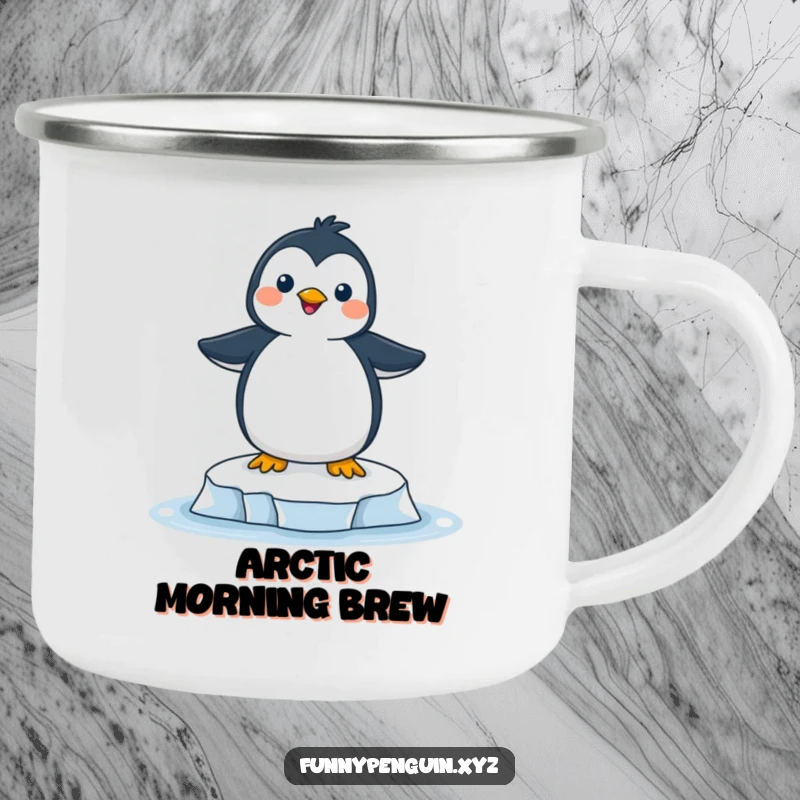 Funny camping mug featuring a joyful penguin delightedly balancing on a small ice floe, perfect for outdoor fun.