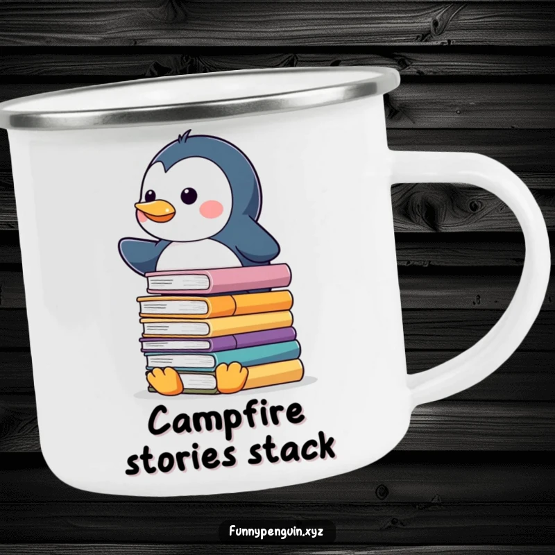 Funny camping mug showing a kawaii penguin balancing a precarious stack of slippery books, for study breaks.