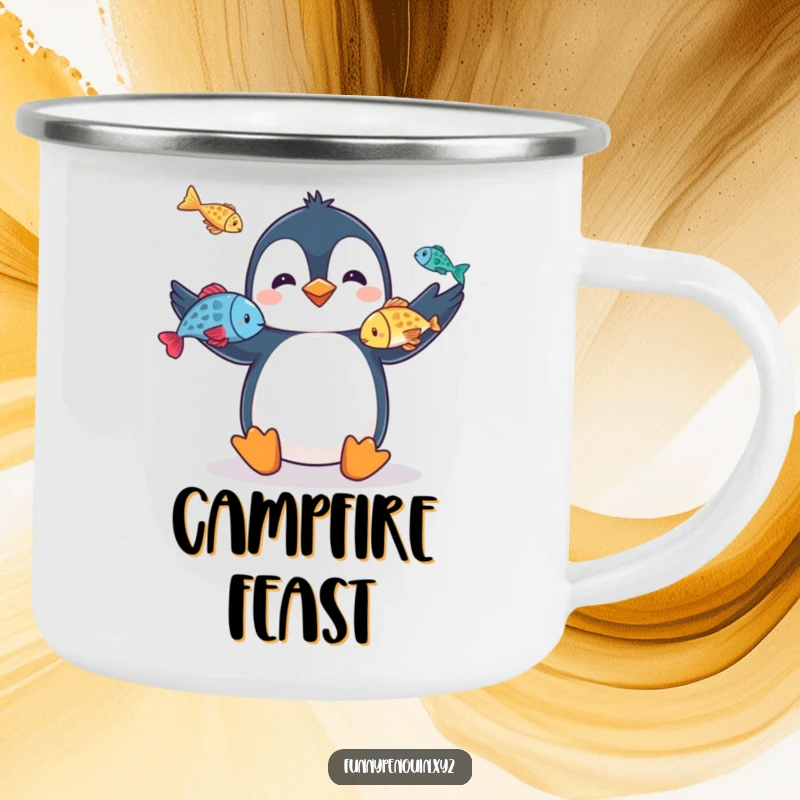 Funny camping mug with a penguin juggling fish, ideal for hot beverages during outdoor trips, a durable funny gift.