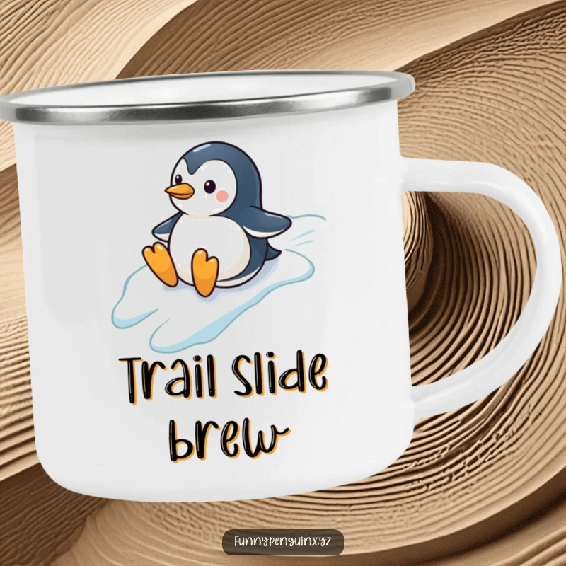 Funny camping mug with a penguin sliding down a hill, ideal for hot beverages during outdoor trips, a durable funny gift.