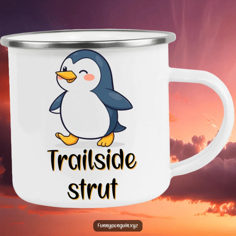 Funny camping mug with a penguin waddling cheerfully, ideal for hot beverages during outdoor trips, a durable funny gift.