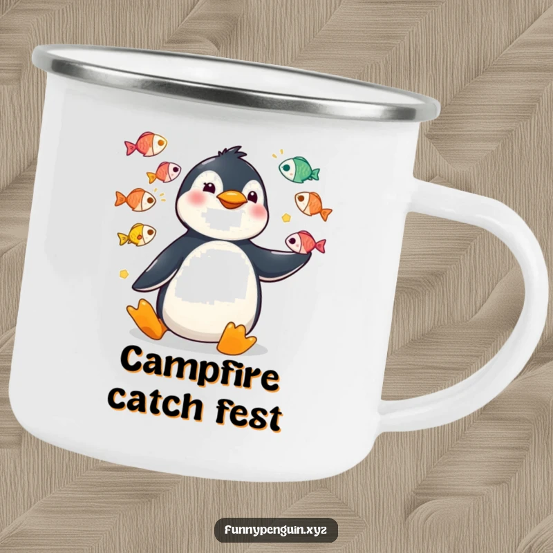 Funny camping mug showing a kawaii penguin juggling colorful fish with exaggerated, funny motions outdoors.