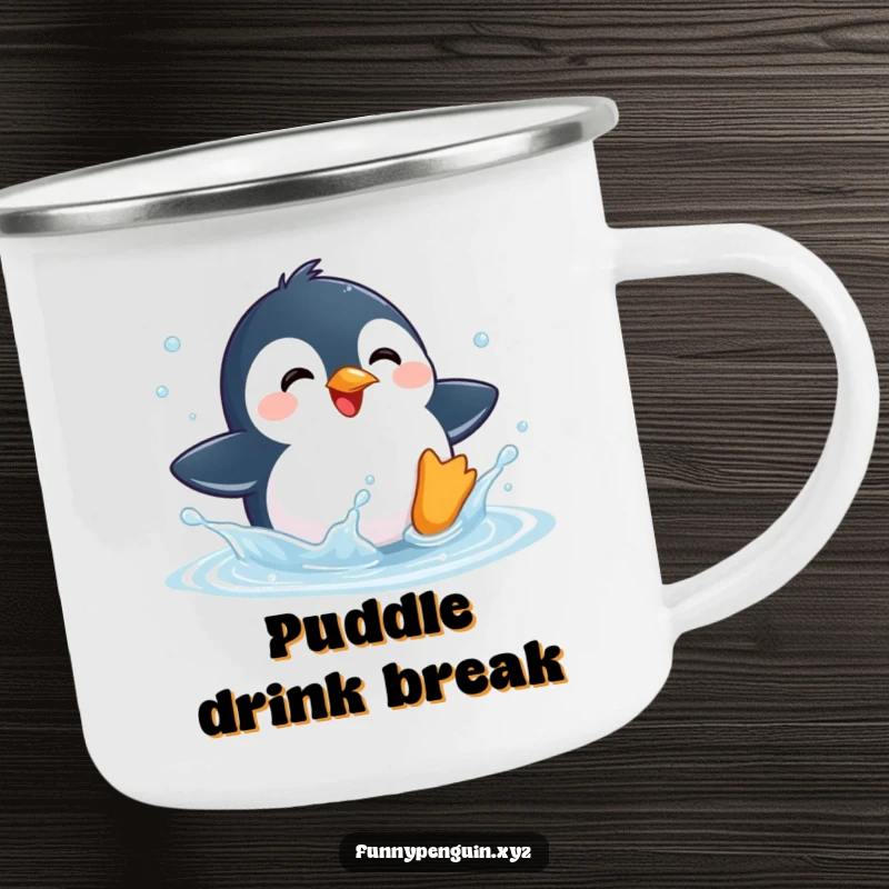 Funny camping mug showing a kawaii penguin playfully splashing in a puddle, perfect for outdoor enjoyment.