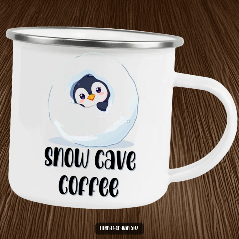 Funny camping mug with a curious penguin peeking from behind a snowball, ideal for hot beverages during outdoor trips, a durable funny gift.