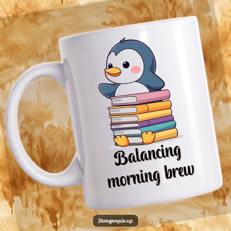 Funny mug showing a kawaii penguin precariously balancing a tall stack of slippery books, looking determined.