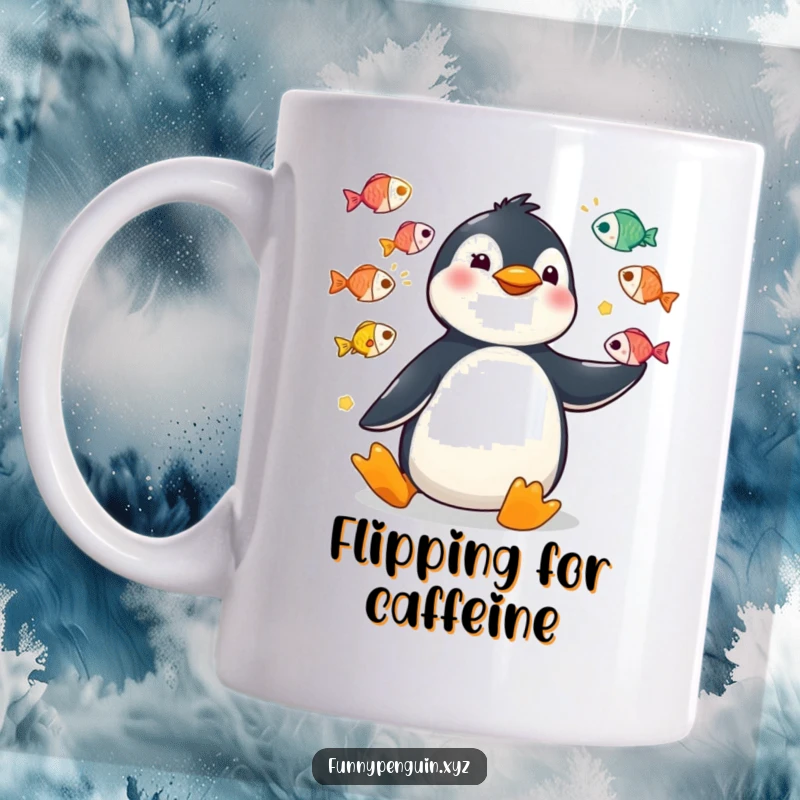 Funny mug showing a kawaii penguin performing a fish juggling act with exaggerated, comical movements.
