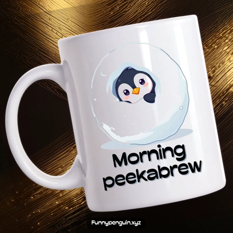 Funny mug featuring a curious penguin peeking from behind a large snowball, embodying playful hide-and-seek, a perfect gift.