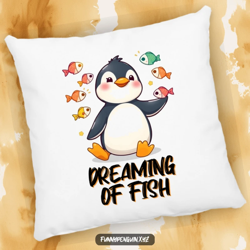 Funny pillow showcasing a kawaii penguin juggling colorful fish with funny, exaggerated movements.
