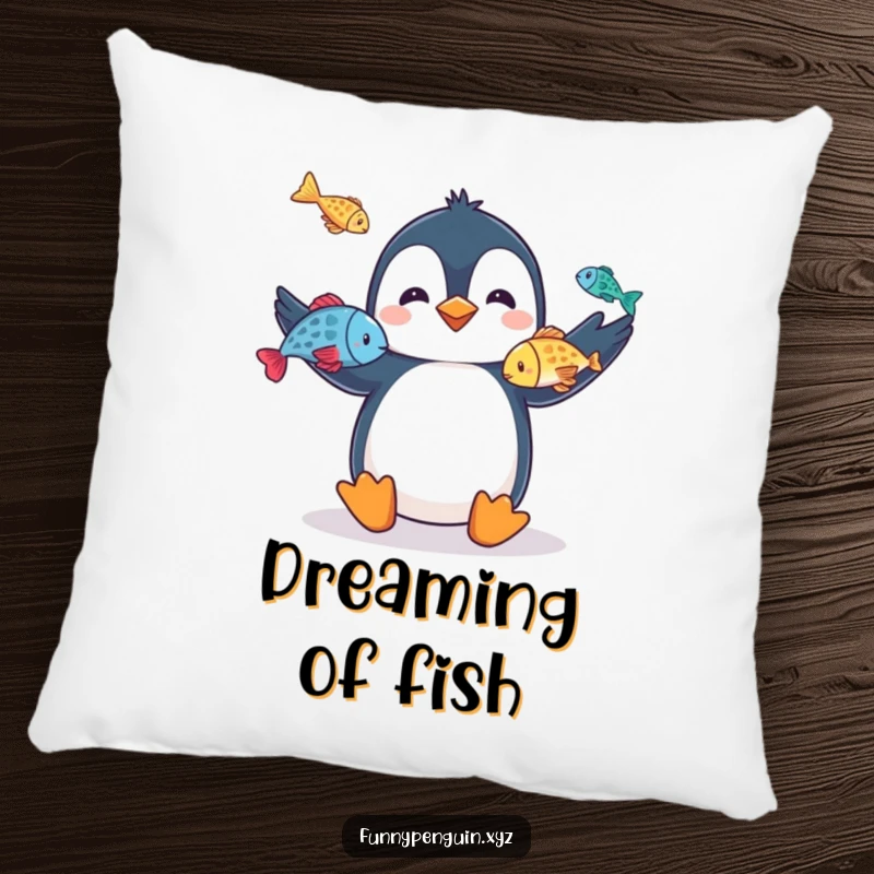 Funny pillow featuring a penguin juggling fish, adding a cozy and entertaining touch to any room, perfect for performance lovers.