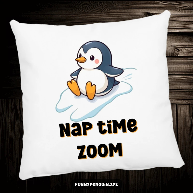 Funny pillow featuring a penguin happily sliding down a snowy hill, adding a cozy and cheerful winter touch to any room.