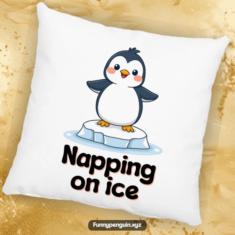 Funny pillow with a joyful penguin perfectly poised on a tiny ice floe, looking ecstatic and full of life.