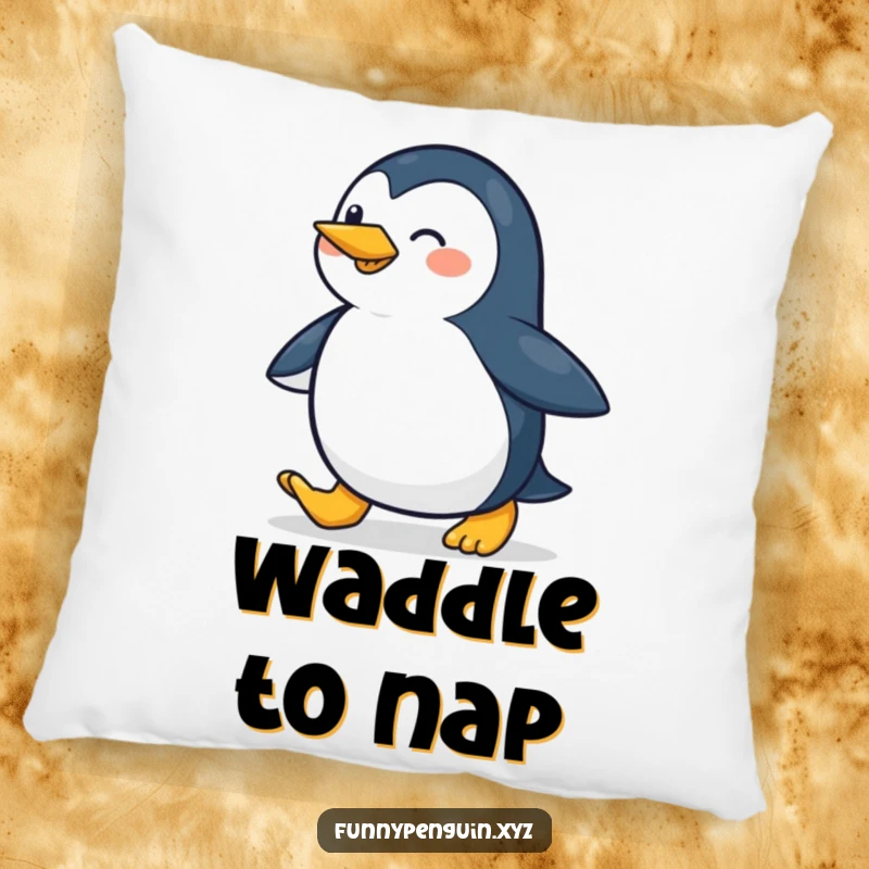 Funny pillow featuring a penguin waddling with a cheerful stride, adding a cozy and happy touch to any room.