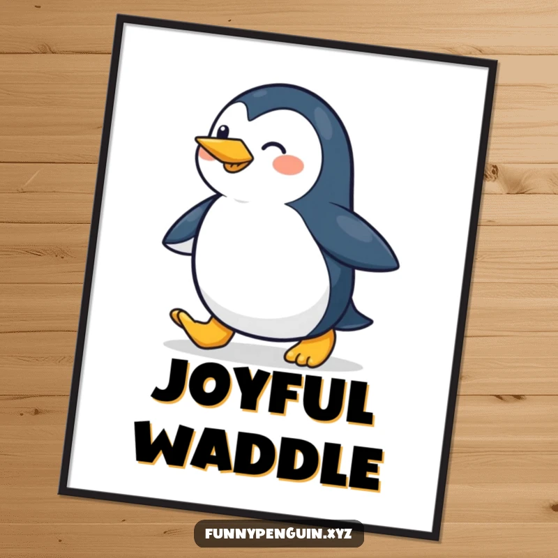 Funny digital art print of a penguin waddling with a cheerful stride, perfect for instant wall decor and spreading happiness.