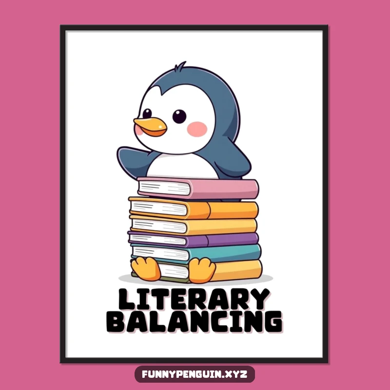 Funny Kawaii Penguin Book Balance Digital Art - Scholarly Decor
