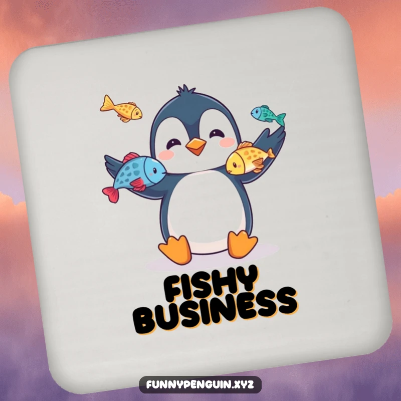 Funny drink coaster featuring a penguin juggling fish, protecting surfaces with a dose of circus-like talent, a great funny gift.