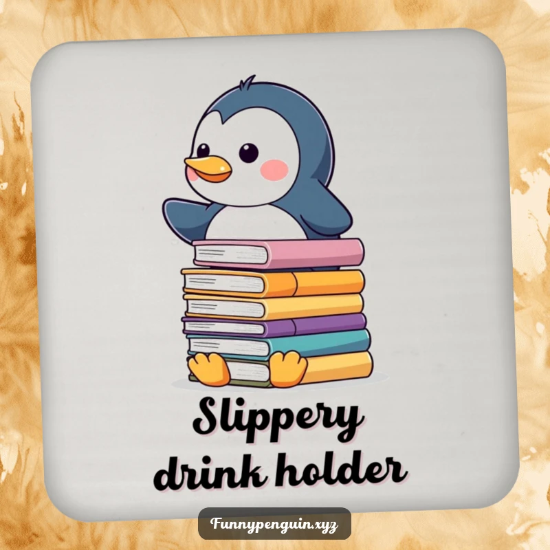 Funny drink coaster with a kawaii penguin balancing a stack of slippery books, protecting surfaces humorously.
