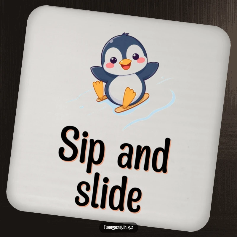 Funny drink coaster with a kawaii penguin joyfully sliding down an icy slope, offering winter protection.