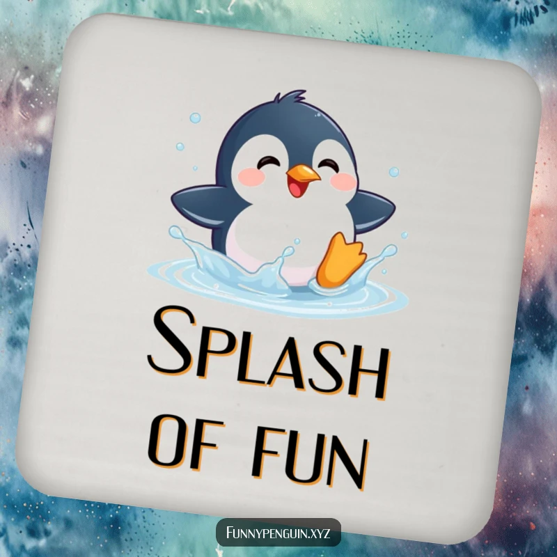 Funny drink coaster with a kawaii penguin delightedly splashing in a puddle, protecting surfaces humorously.