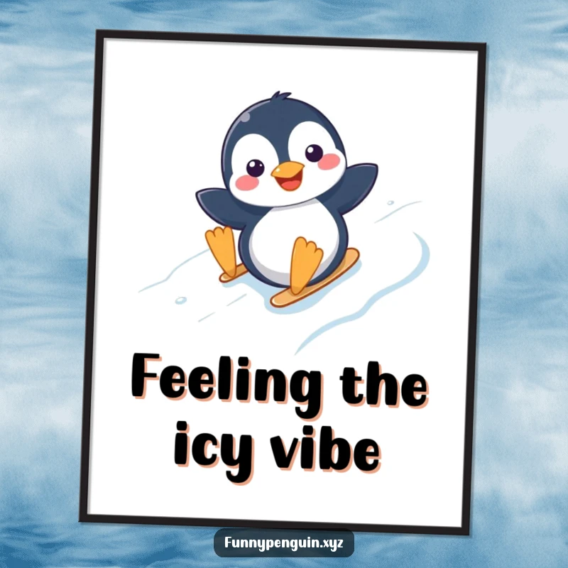 Funny poster of a kawaii penguin with a joyful expression sliding down an icy slope, capturing winter's delight.