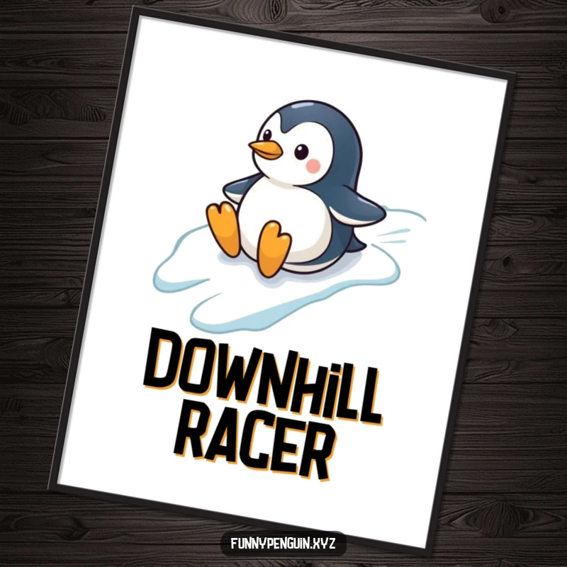 Funny poster art of a penguin sliding down an icy slope, capturing the exhilaration and fun of winter, perfect wall decor.
