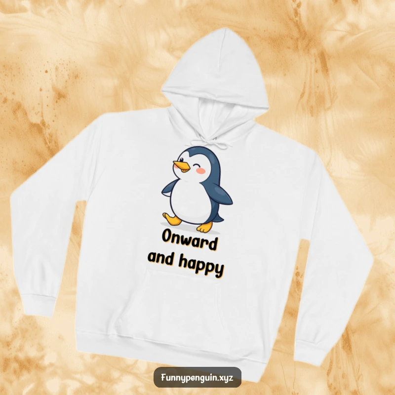 Funny hoodie depicting a penguin waddling with a cheerful stride, radiating happiness and positivity, an ideal funny gift.