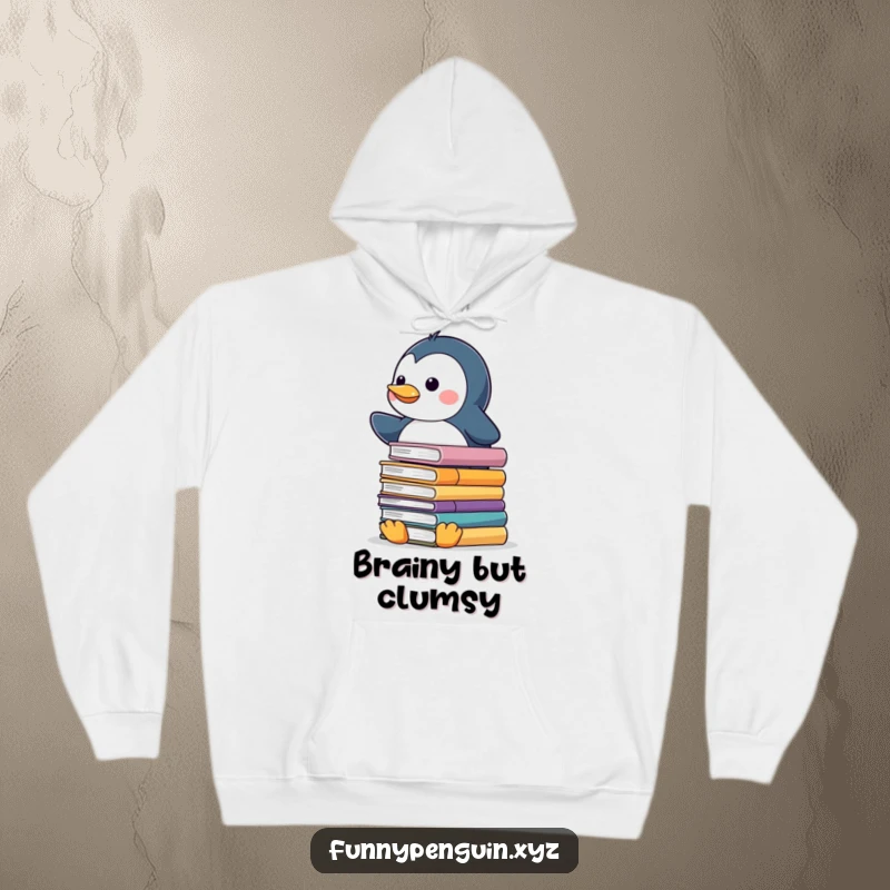 Funny hoodie depicting a kawaii penguin attempting to balance a precarious stack of slippery books.