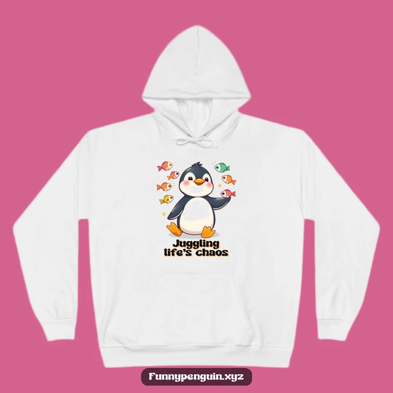 Funny Kawaii Penguin Juggling Fish Hoodie - Cozy Circus Style