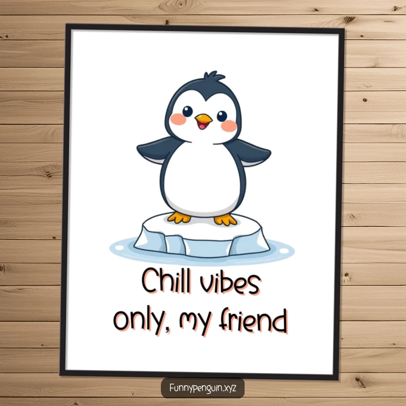 Funny Free Printable Wall Art: A gleefully happy penguin balanced perfectly on a tiny ice floe, radiating pure joy.