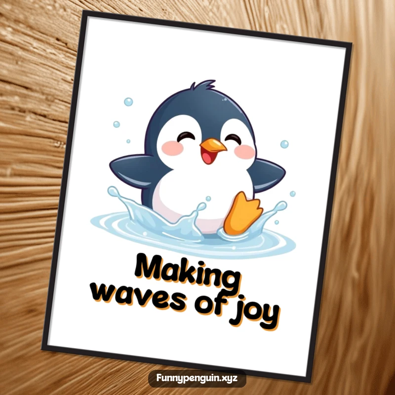 Funny Free Printable Wall Art of a kawaii penguin gleefully splashing in a puddle, bringing cheerful and whimsical charm.