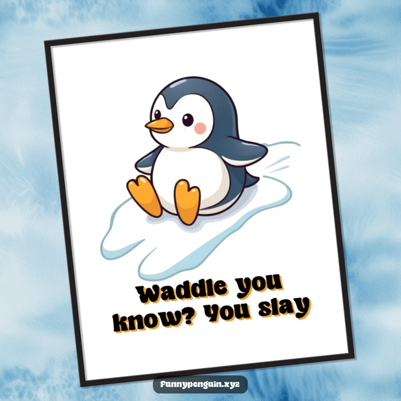 Funny Free Printable wall art of a small penguin joyfully sliding down an icy hill with flippers outstretched, embodying carefree fun.