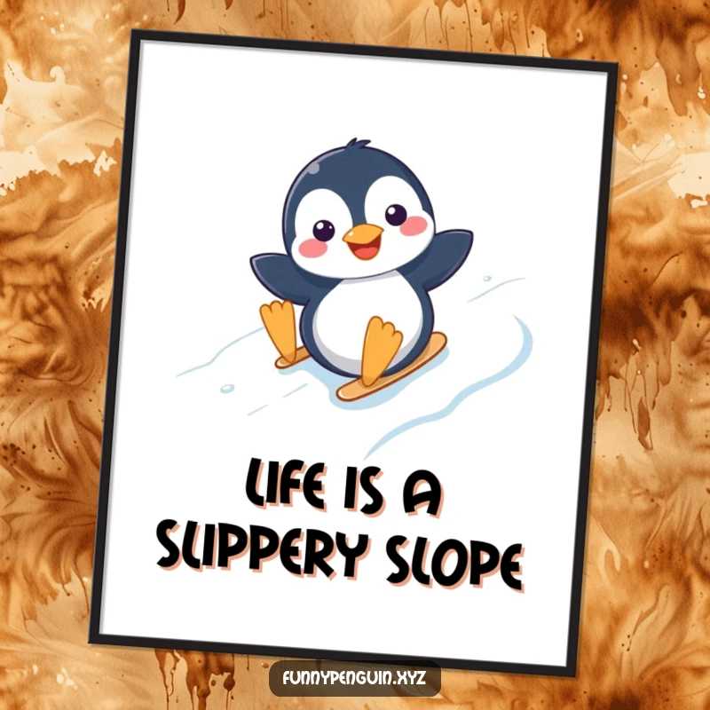 Funny Free Printable Wall Art of a joyful kawaii penguin sliding down an icy slope, adding a touch of playful charm.