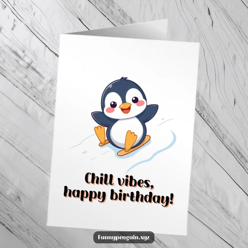 Funny Free Printable Birthday Card featuring a kawaii penguin joyfully sliding down an icy slope, ready to deliver birthday cheer.