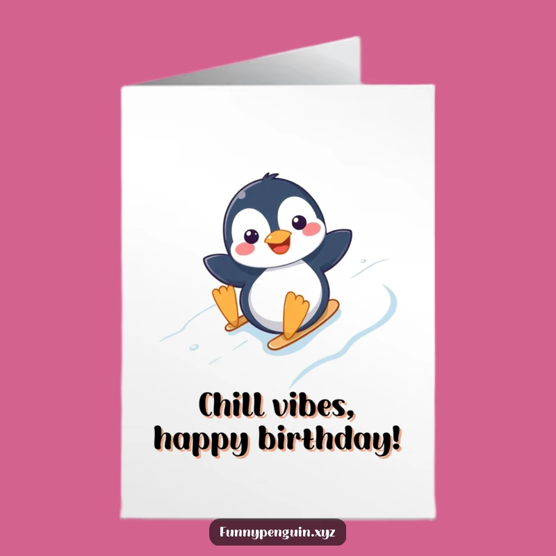 Free Printable Birthday Card: Kawaii Penguin Sliding, Joyful Downloadable Gift