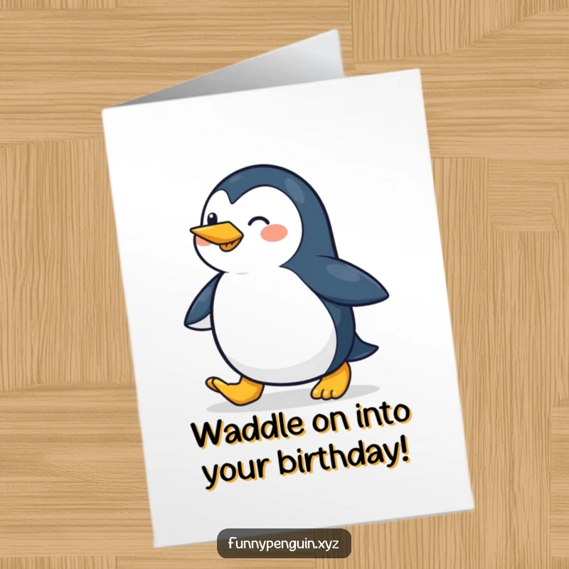 Funny Free Printable birthday card featuring a cheerful penguin waddling forward with an excited stride towards birthday fun.