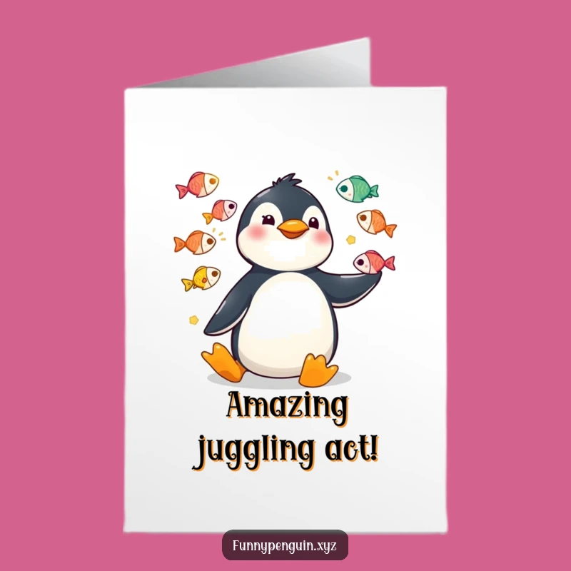 Free Printable Congrats Card: Juggling Penguin's Triumph, Fun Downloadable Gift