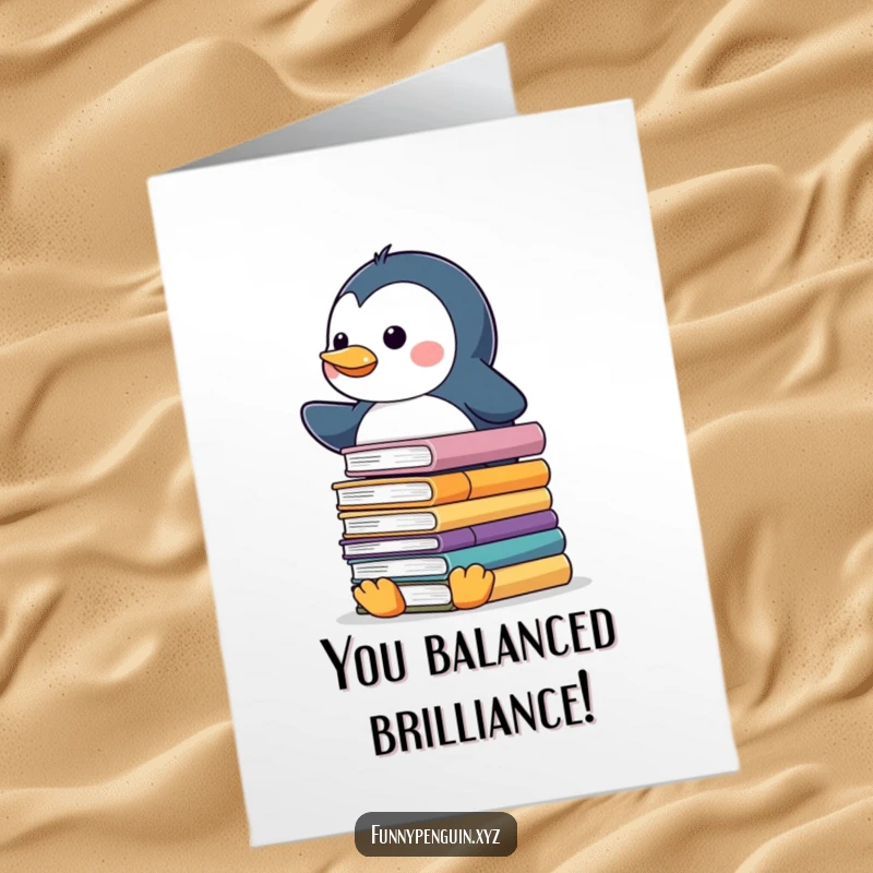 Funny Free Printable Congrats Card showing a kawaii penguin triumphantly balancing a stack of books, celebrating a clever success.