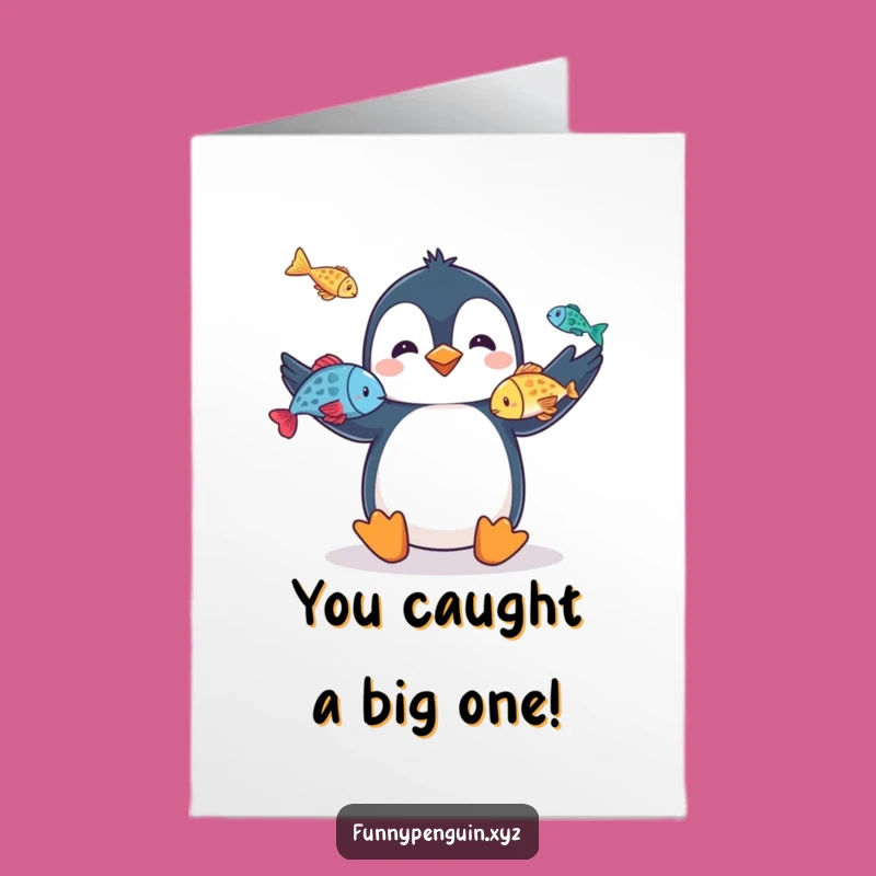 Free Printable Congrats Card: Penguin Juggling Fish Funny Downloadable Gift for Skillful Wins
