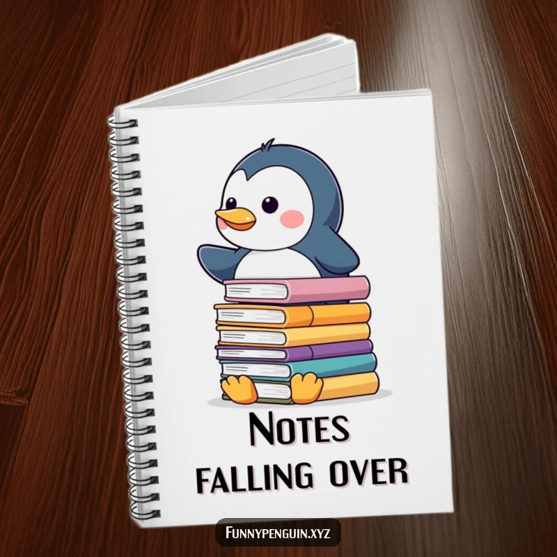 Funny notebook with a kawaii penguin balancing a stack of slippery books, perfect for academic notes.