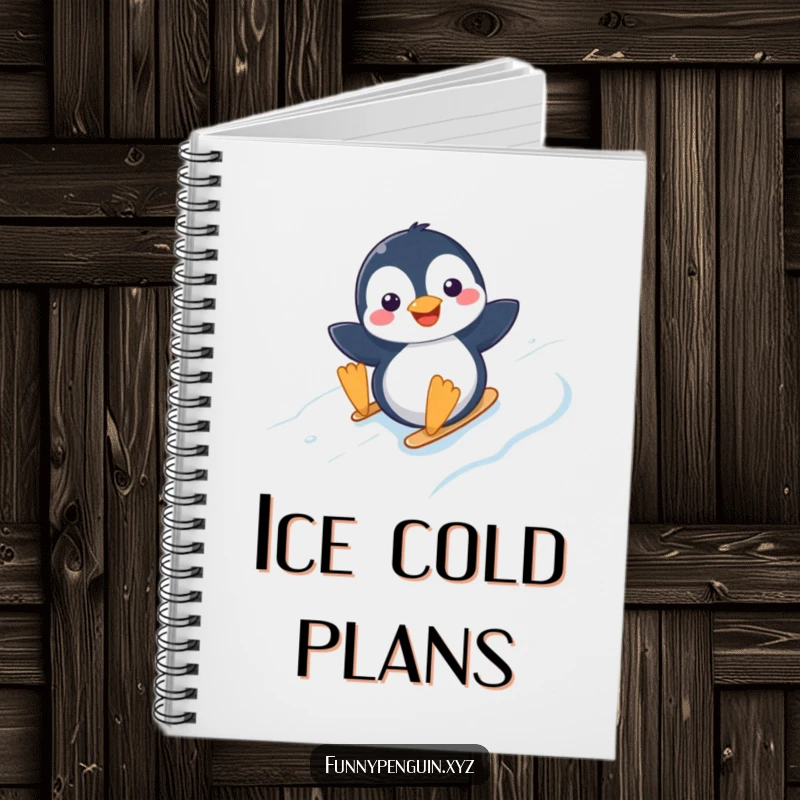 Funny notebook with a kawaii penguin joyfully sliding down an icy slope, perfect for winter journaling.