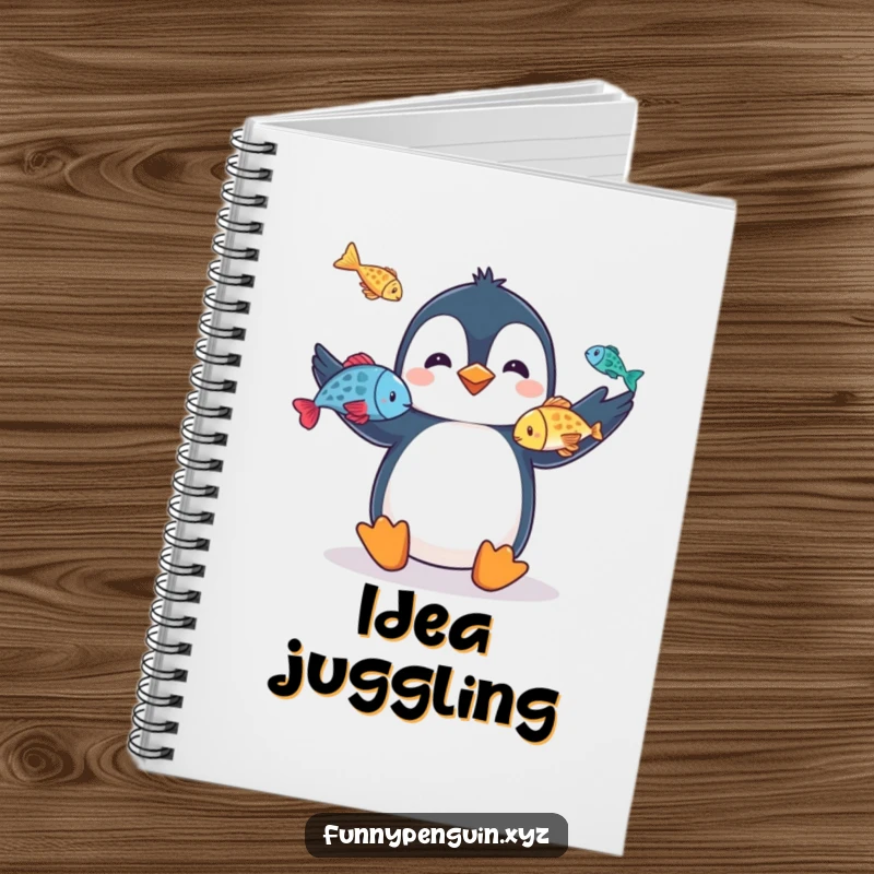 Funny notebook featuring a penguin juggling fish, perfect for writing notes, journaling, or jotting down creative and talented ideas.