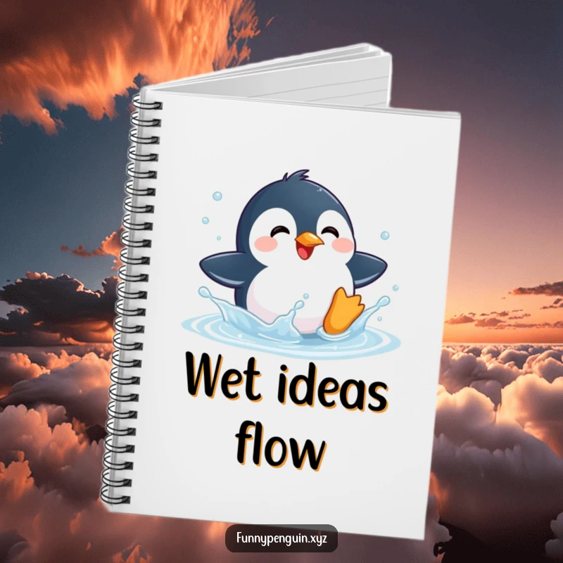 Funny notebook with a kawaii penguin delightedly splashing in a puddle, perfect for jotting down happy thoughts.
