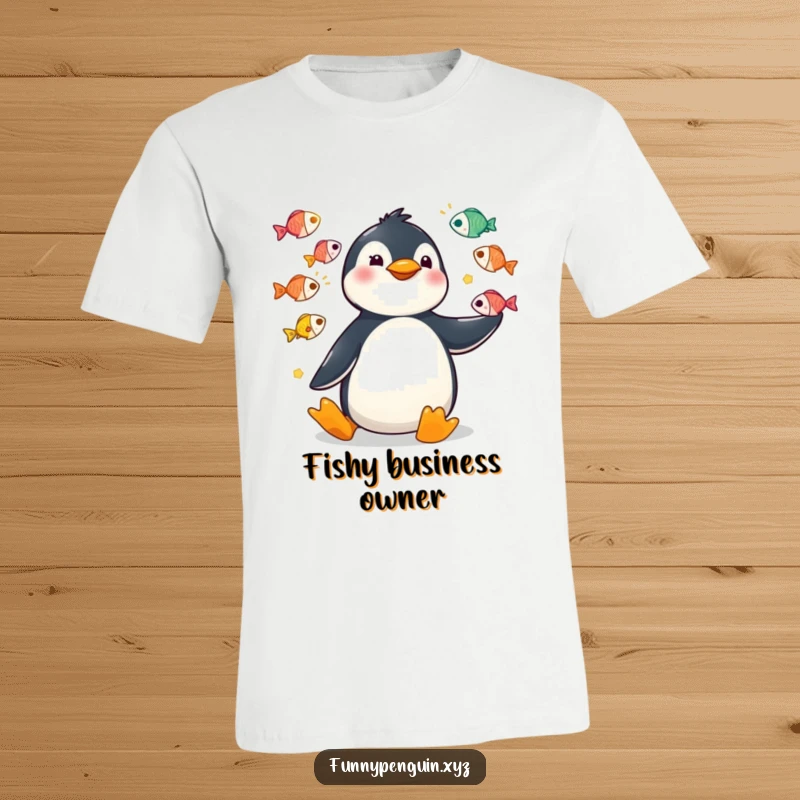 Funny t-shirt of a kawaii penguin comically juggling multiple colorful fish with dramatic, exaggerated motions.