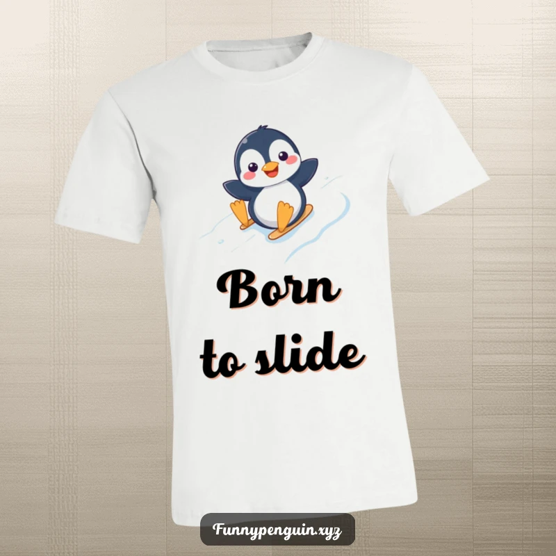 Funny t-shirt depicting a kawaii penguin with a joyful expression, sliding gleefully down an icy slope.