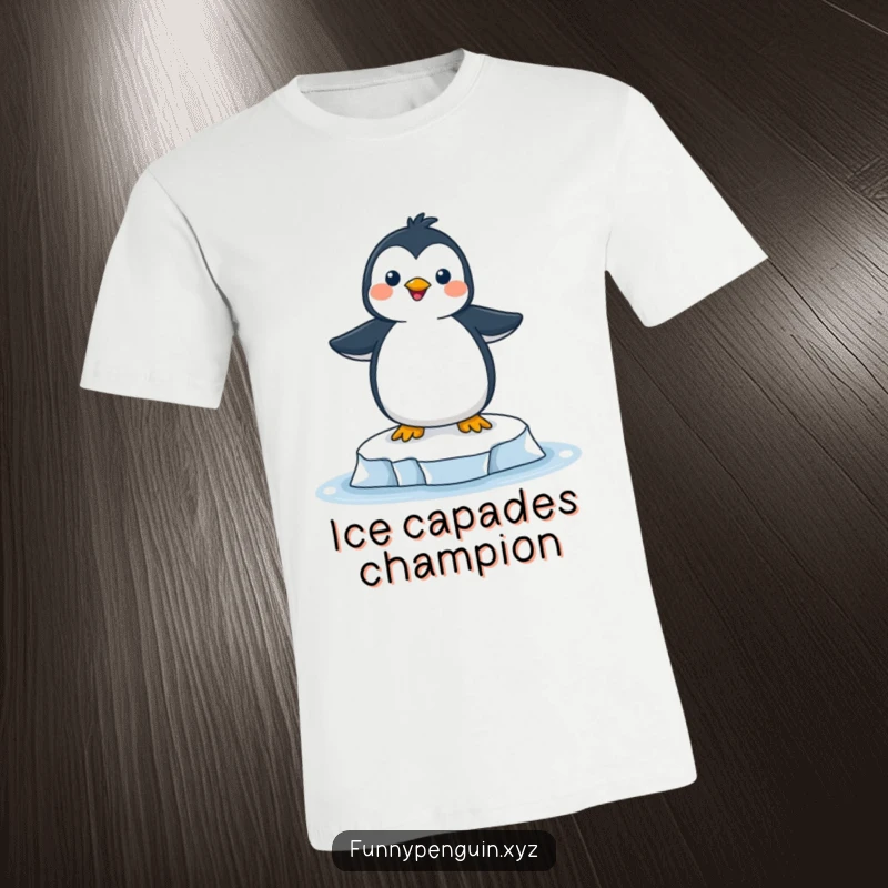 Funny t-shirt featuring a joyful penguin masterfully balancing on a small ice floe, looking utterly delighted with the world.